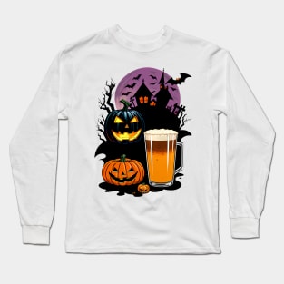 Halloween glass of beer and spooky pumpkins Long Sleeve T-Shirt